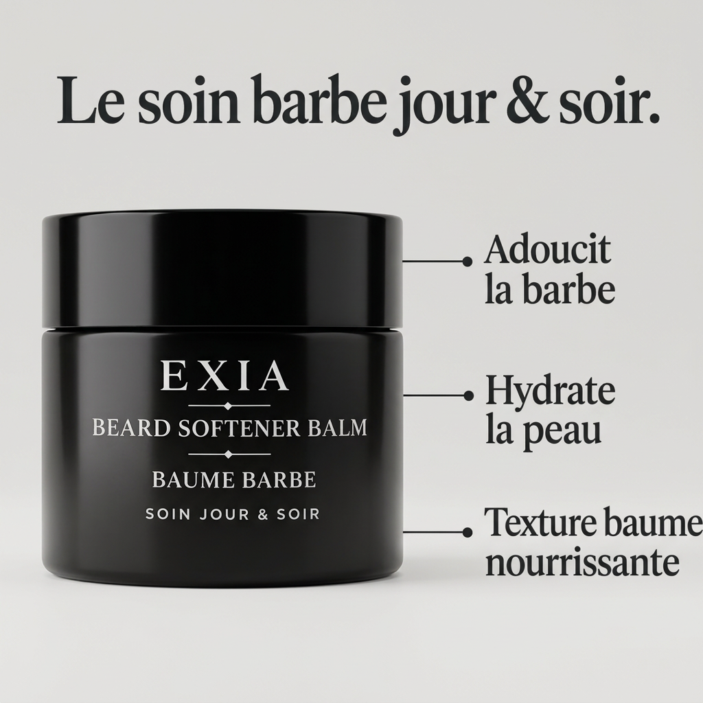 Baume barbe EXIA avec ses bénéfices sur fond gris perle