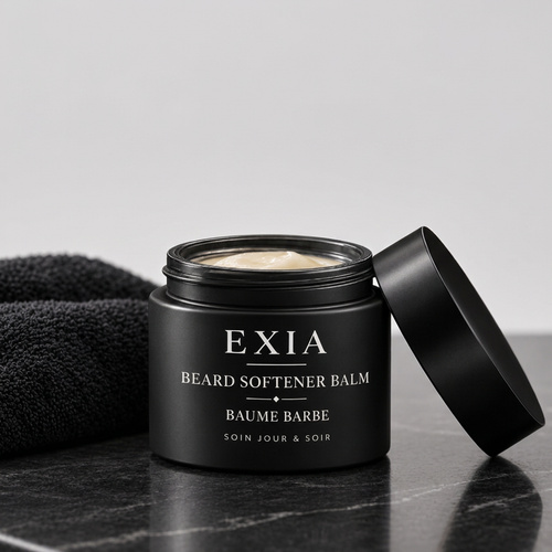 Baume barbe EXIA ouvert sur fond gris perle