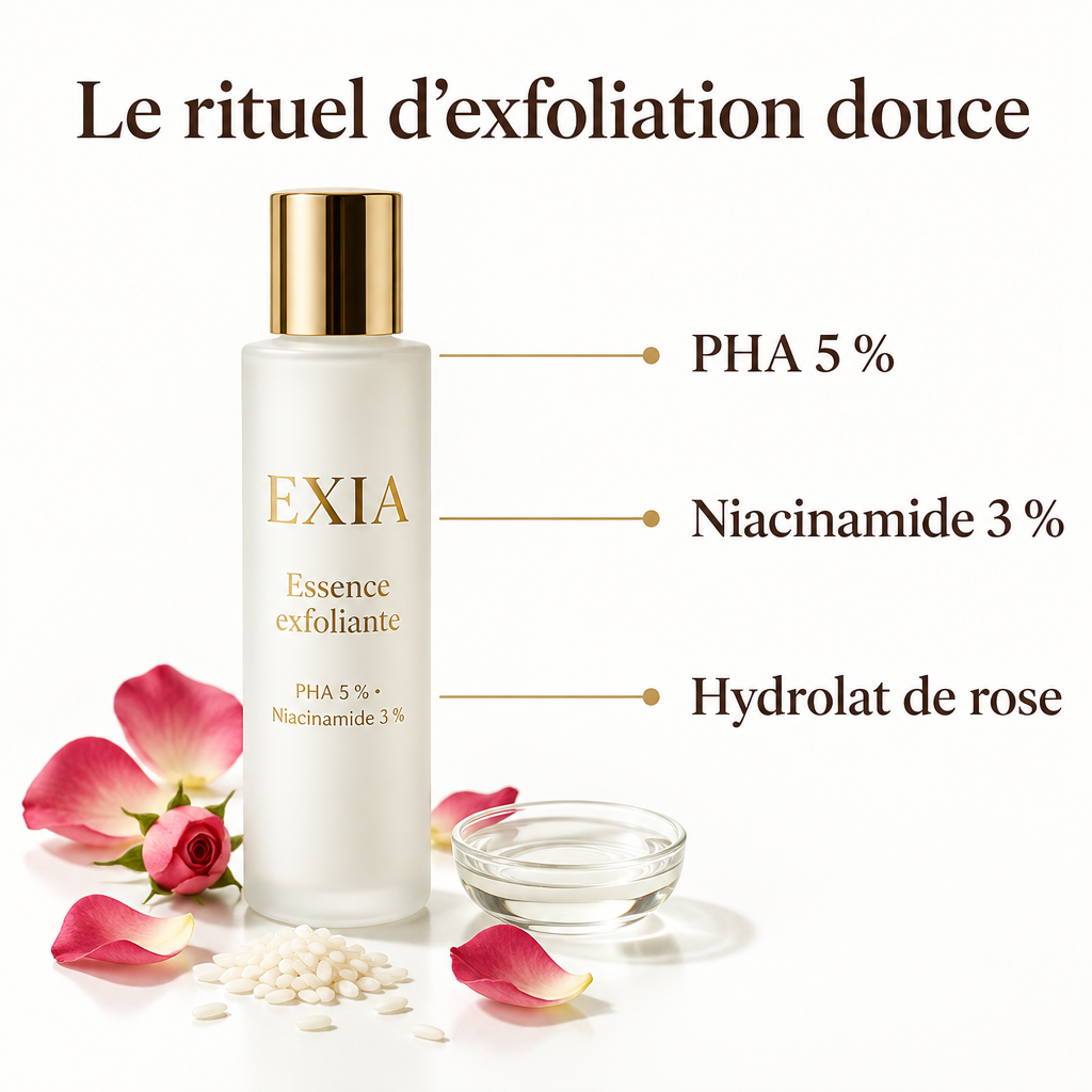 Essence exfoliante EXIA avec ses actifs clés sur fond blanc
