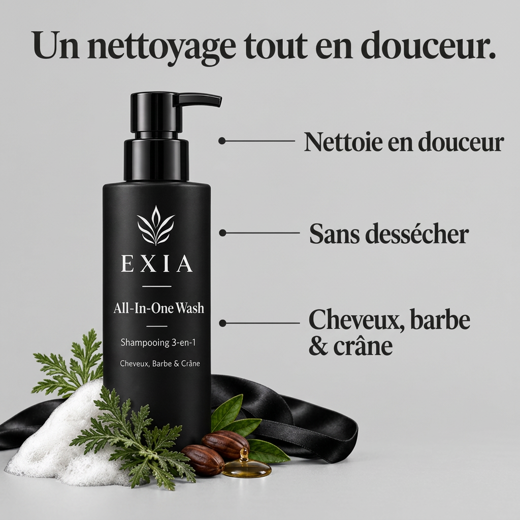 EXIA All-In-One Wash avec ses bénéfices sur fond gris perle