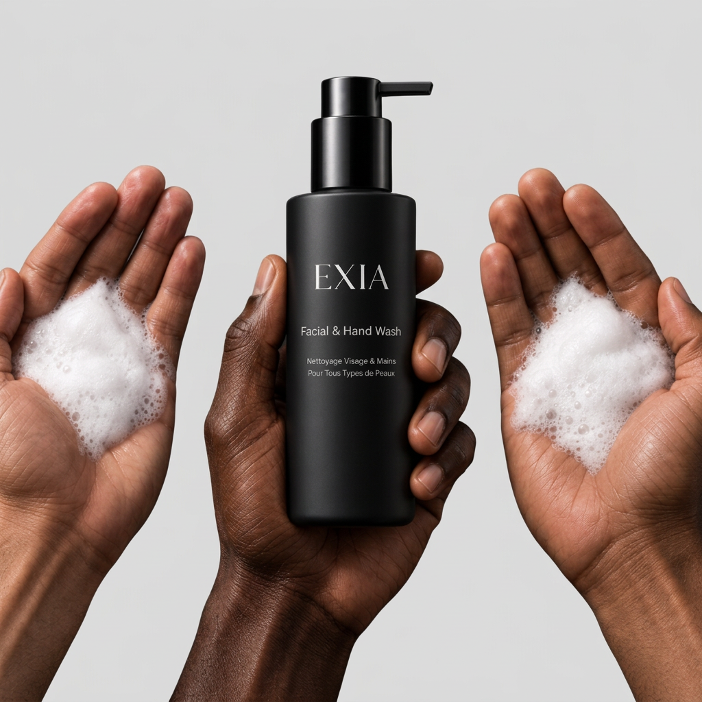 EXIA avec mains et mousse sur fond gris perle