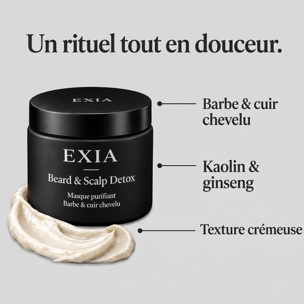 EXIA Beard & Scalp Detox avec ses points clés sur fond gris perle