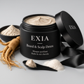 EXIA Beard & Scalp Detox ouvert avec ses actifs sur fond gris perle