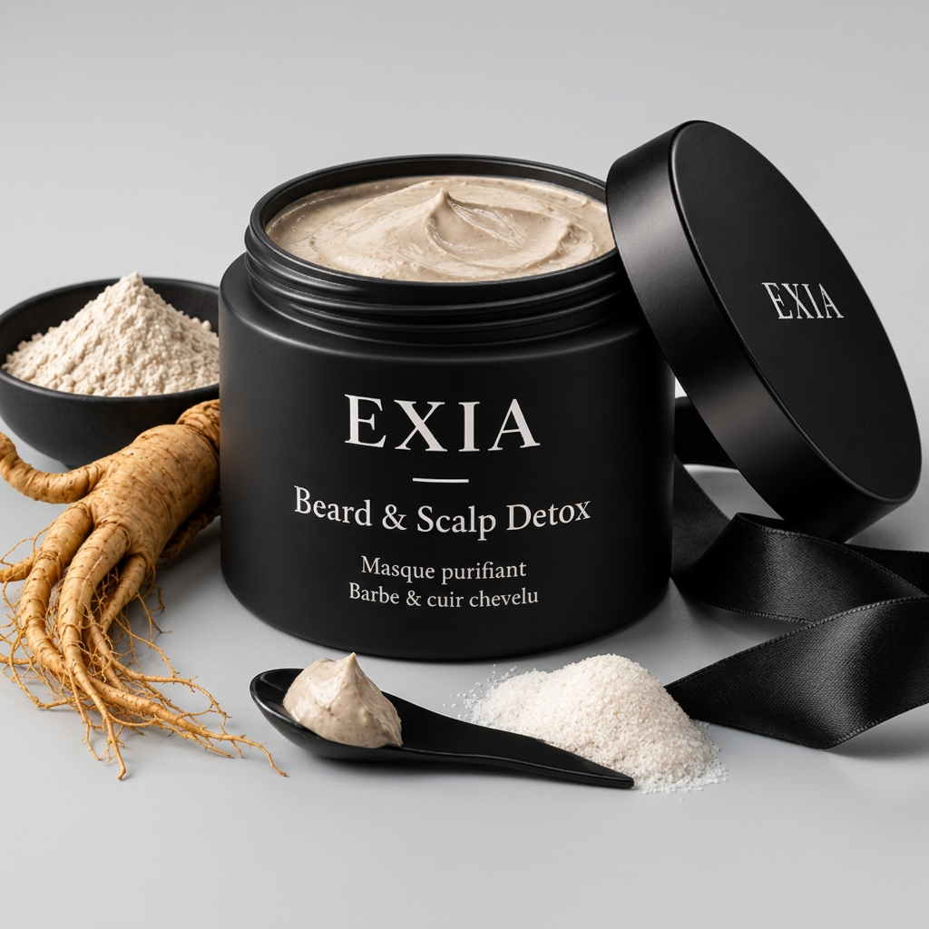 EXIA Beard & Scalp Detox ouvert avec ses actifs sur fond gris perle
