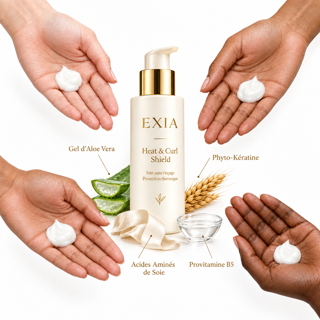 EXIA Heat & Curl Shield avec mains présentant la crème et évocations des ingrédients sur fond blanc