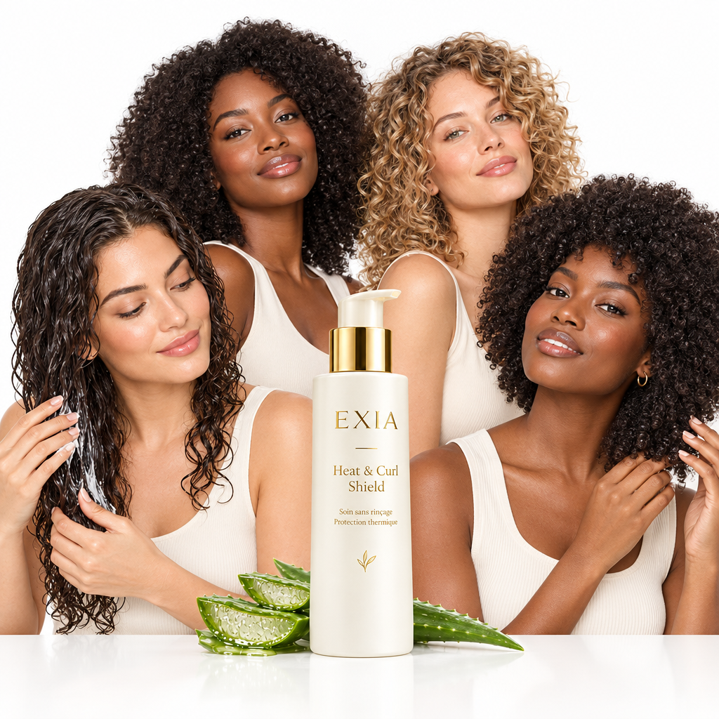 EXIA Heat & Curl Shield avec plusieurs femmes sur fond blanc