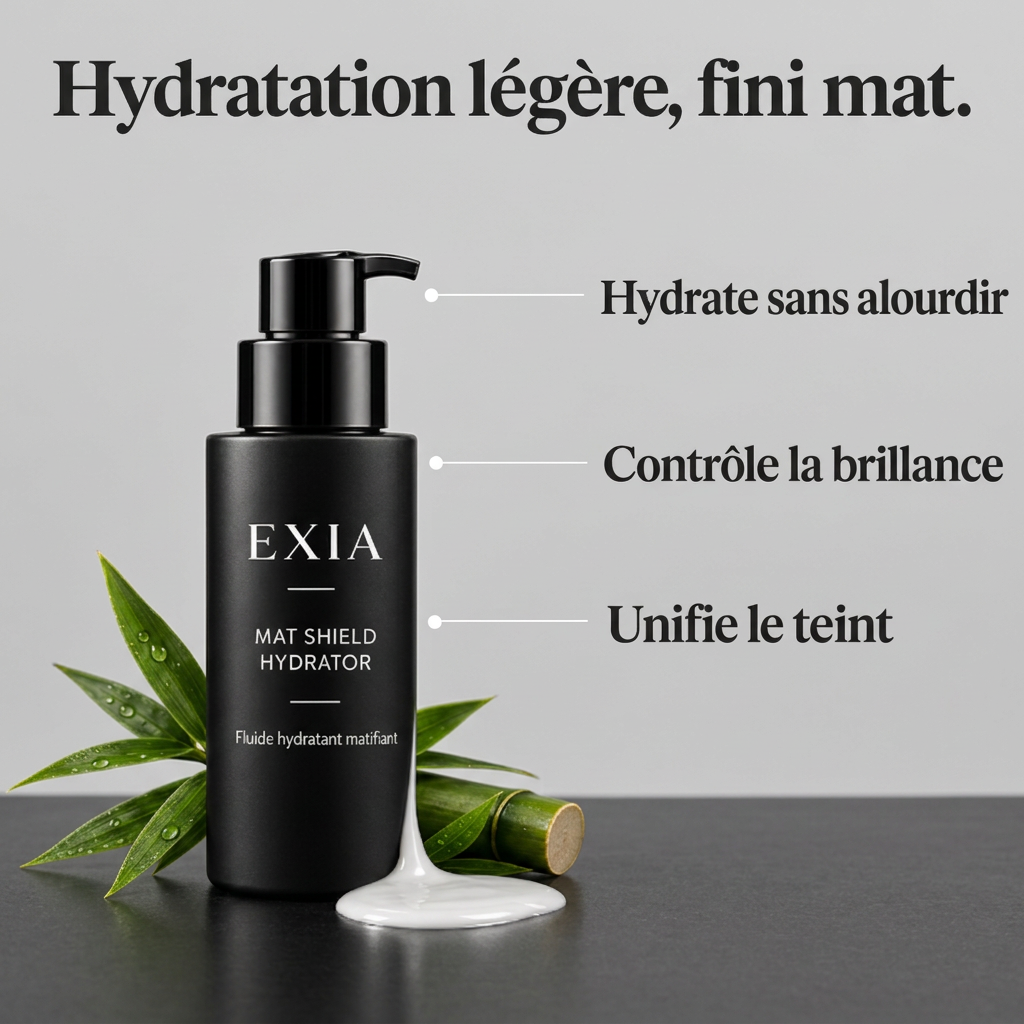 EXIA Mat Shield Hydrator avec ses bénéfices sur fond gris perle
