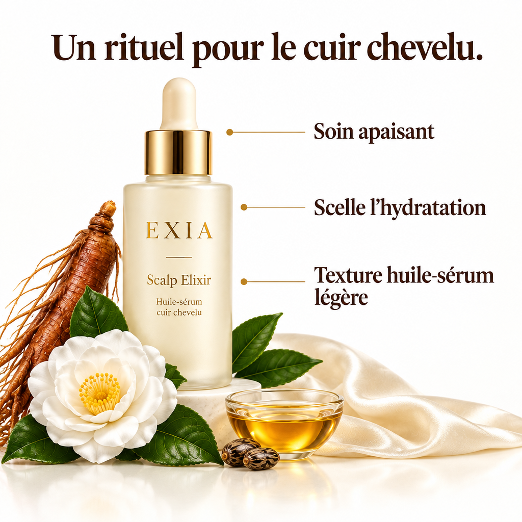 EXIA Scalp Elixir avec ses points clés et ses actifs botaniques