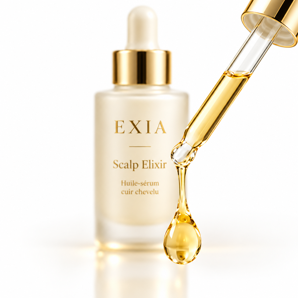 EXIA Scalp Elixir, gros plan de la pipette et de la goutte d’huile