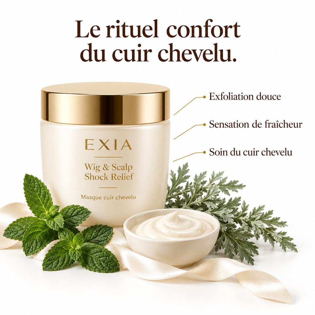 EXIA Wig & Scalp Shock Relief avec ses points clés sur fond blanc