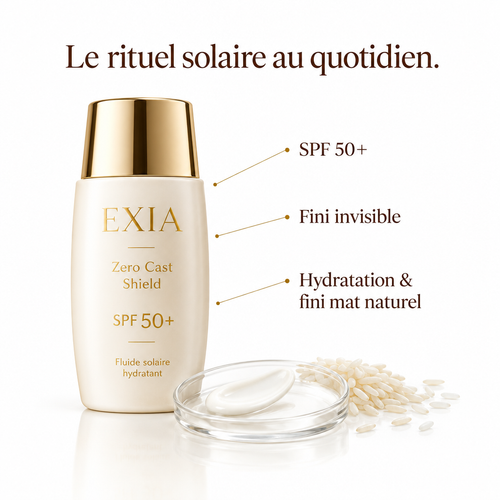 EXIA Zero Cast Shield SPF 50+ avec ses points clés sur fond blanc