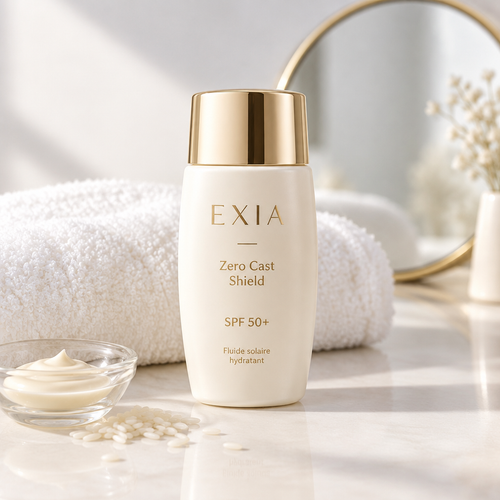 EXIA Zero Cast Shield SPF 50+ dans une ambiance spa lumineuse