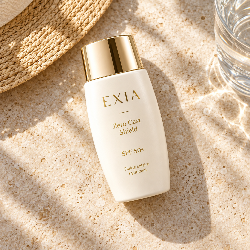 EXIA Zero Cast Shield SPF 50+ en flacon ivoire et doré dans une scène estivale