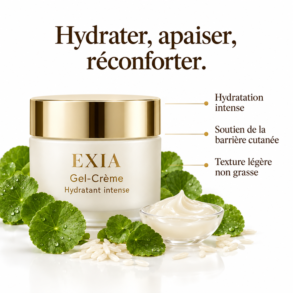 Gel-Crème hydratant intense EXIA avec ses points clés sur fond blanc