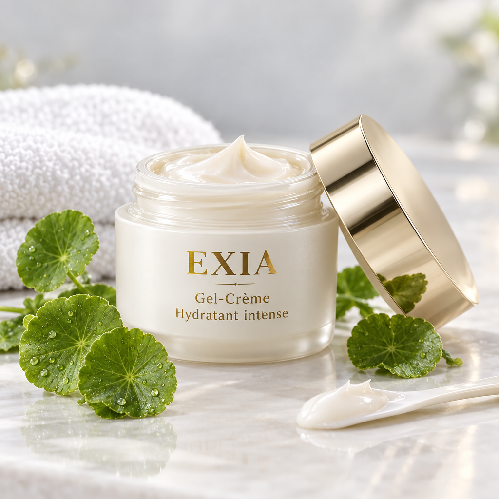 Gel-Crème hydratant intense EXIA en pot ouvert dans une ambiance spa