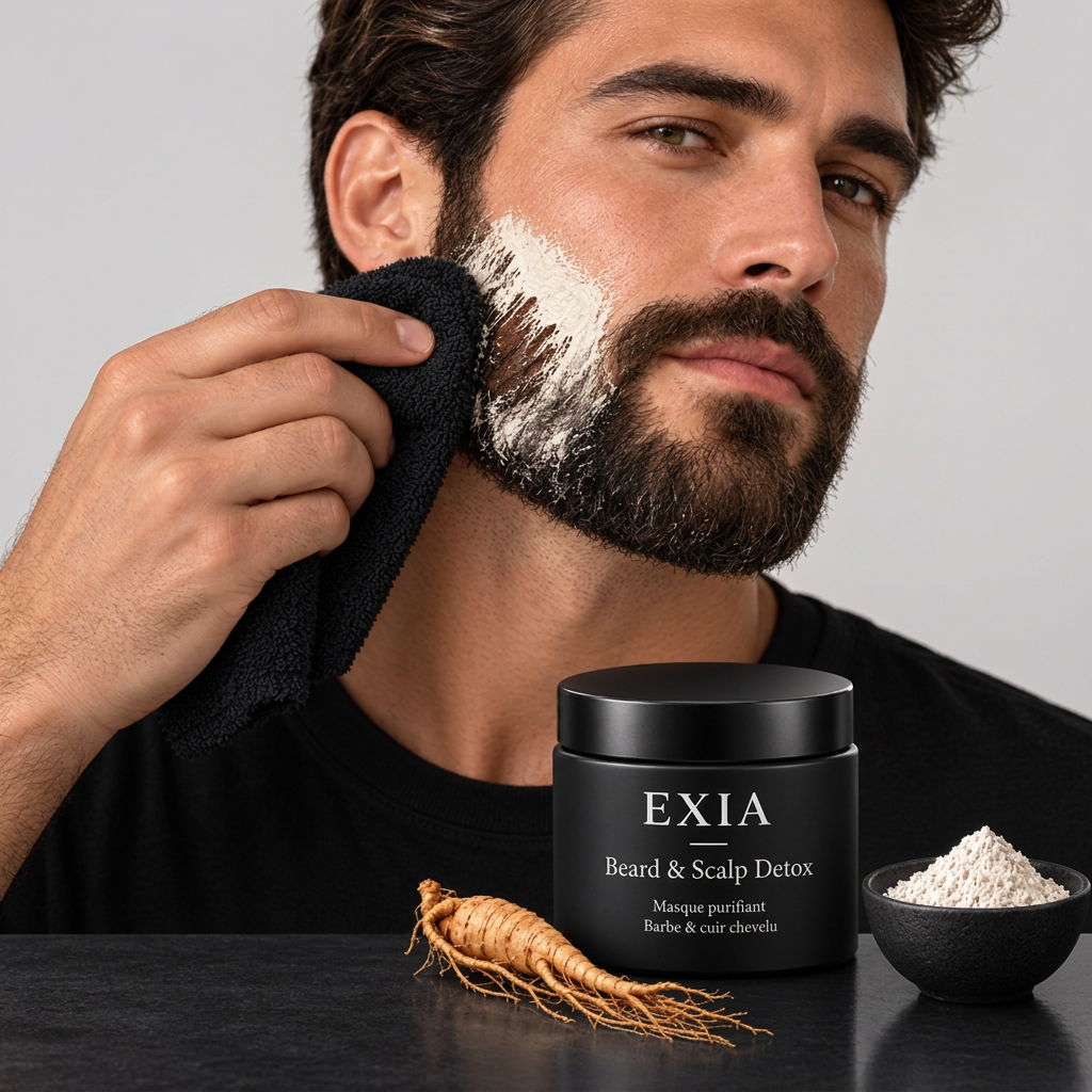 Geste de soin EXIA Beard & Scalp Detox sur fond gris pâle