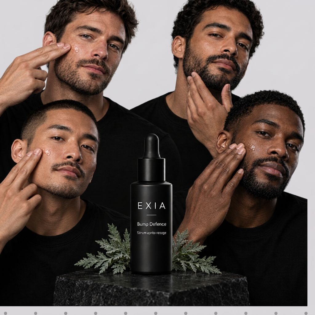 Hommes appliquant le sérum EXIA Bump Defence sur fond gris pâle