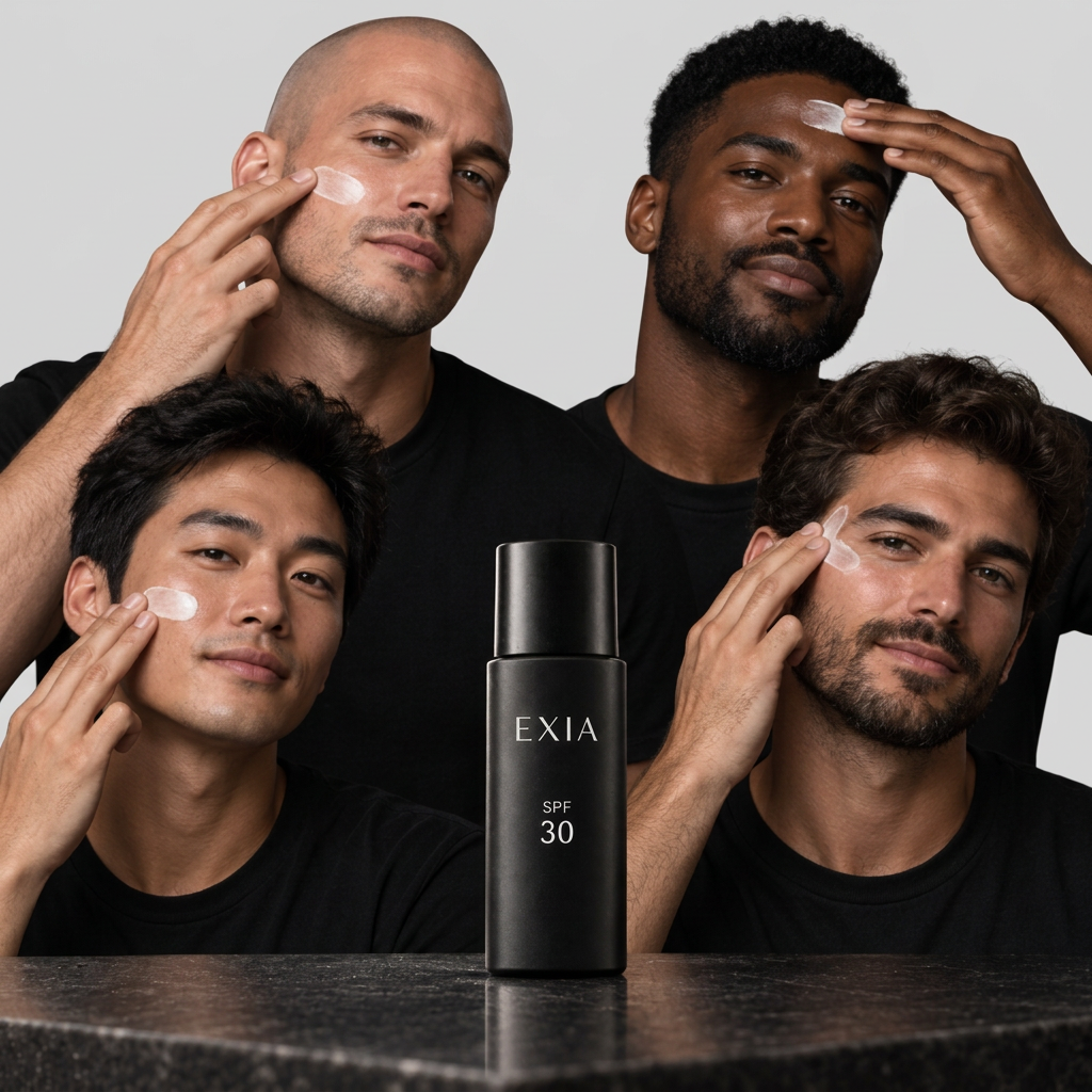 Hommes appliquant le soin solaire EXIA sur fond gris perle
