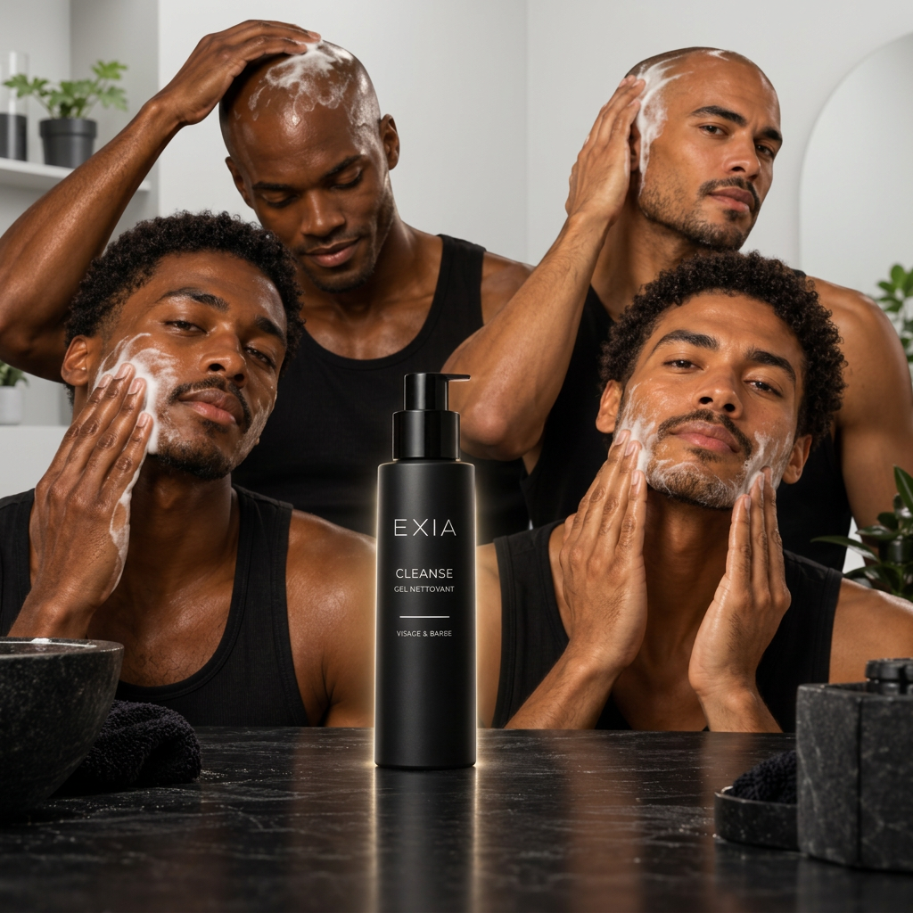 Hommes effectuant leurs gestes de nettoyage EXIA sur fond gris pâle