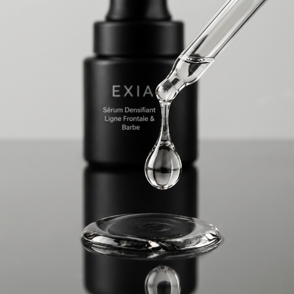 Pipette et sérum EXIA sur fond gris perle