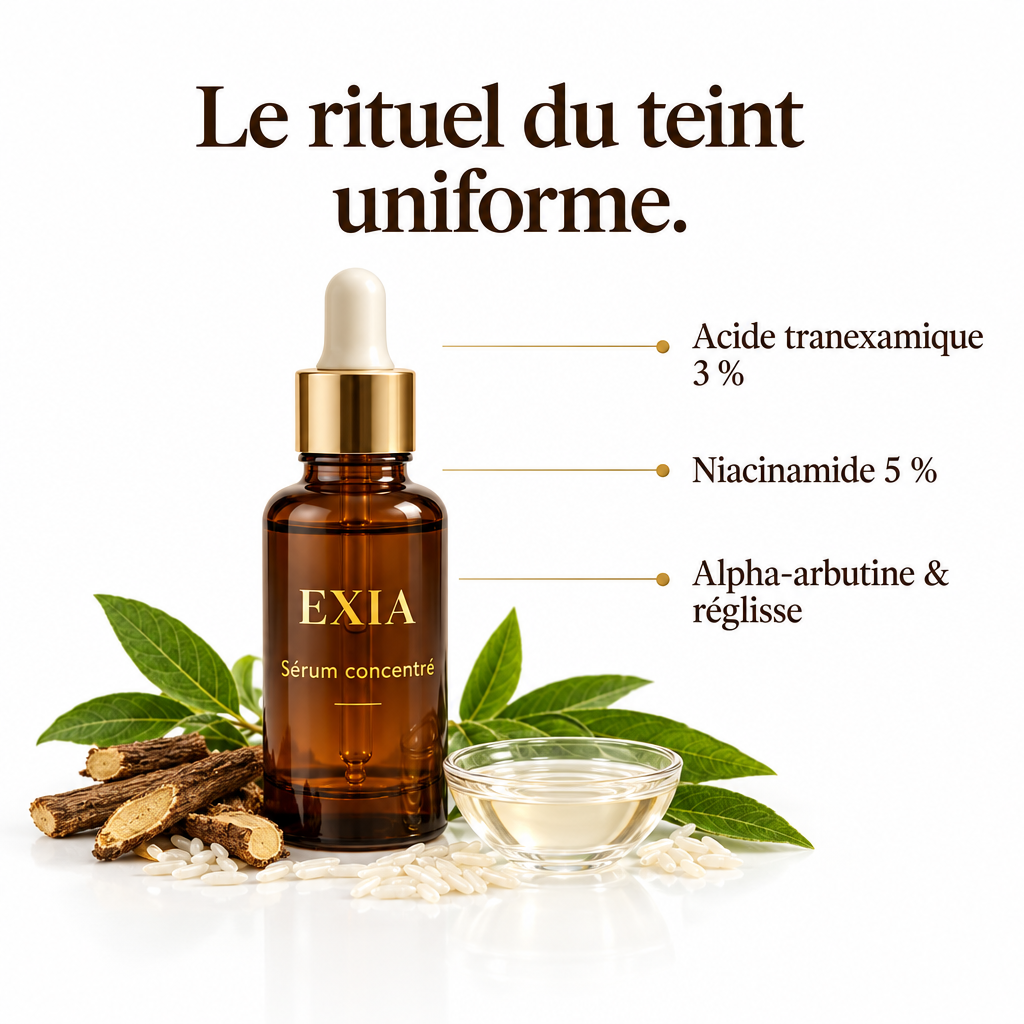 Sérum concentré EXIA en flacon ambré avec ses actifs clés