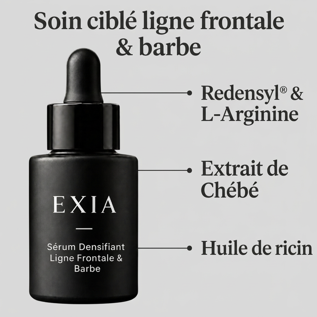 Sérum densifiant EXIA avec ses actifs sur fond gris perle