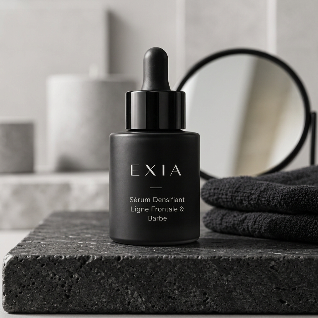 Sérum densifiant EXIA dans une salle de bain au fond gris pâle
