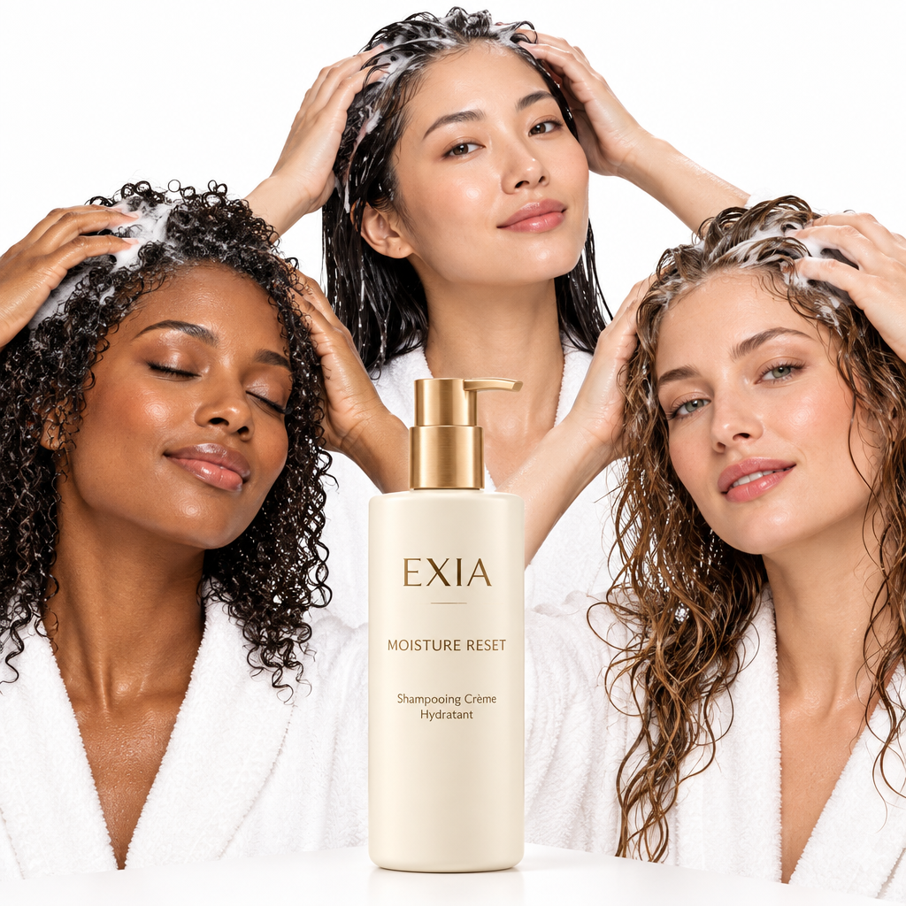 Trois femmes utilisant EXIA Moisture Reset sur leurs cheveux mouillés